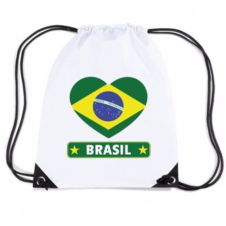 Bellatio Decorations Brazilie thema sporttas - nylon rijgkoord rugzak - wit met hartjes vlag print - supporters