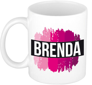 Bellatio Decorations Brenda naam cadeau koffie mok - beker - met roze verfstrepen - Cadeau collega - moederdag