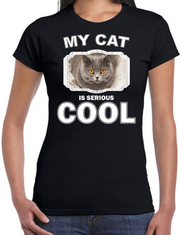 Bellatio Decorations Britse korthaar katten / poezen t-shirt my cat is serious cool zwart voor dames