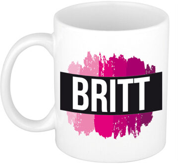 Bellatio Decorations Britt naam / voornaam kado beker / mok roze verfstrepen - Gepersonaliseerde mok met naam - Naam mokken