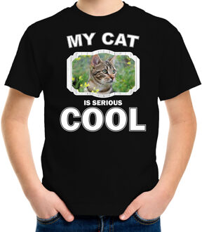 Bellatio Decorations Bruine kat katten / poezen t-shirt my cat is serious cool zwart voor kinderen L (146-152)