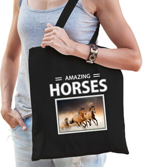 Bellatio Decorations Bruine paarden tasje zwart volwassenen en kinderen - amazing horses kado boodschappen tas