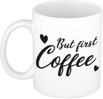 Bellatio Decorations But first coffee cadeau mok / beker wit met hartjes 300 ml