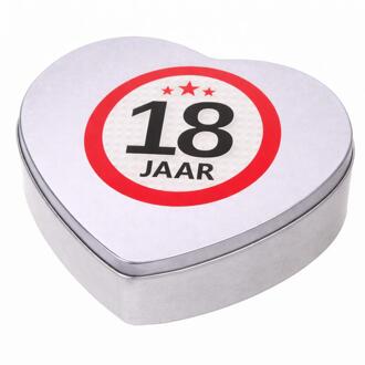Bellatio Decorations Cadeau 18 jaar - hartjes snoep blik met leeftijd etiket - 18x17 cm - verpakking - verjaardag