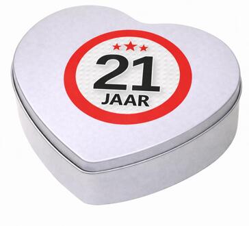 Bellatio Decorations Cadeau 21 jaar - hartjes snoep blik met leeftijd etiket - 18x17 cm - verpakking - verjaardag