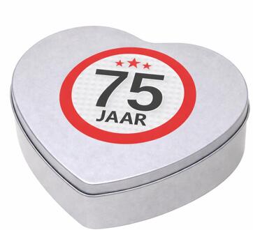 Bellatio Decorations Cadeau 75 jaar - hartjes snoep blik met leeftijd etiket - 18x17 cm - verpakking - verjaardag
