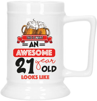 Bellatio Decorations Cadeau Bierpul voor 21 jaar - rood - grappige leeftijd bierpul - keramiek - 530 ml