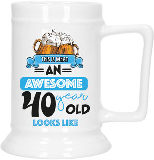 Bellatio Decorations Cadeau Bierpul voor 40 jaar - blauw - grappige leeftijd bierpul - keramiek - 530 ml
