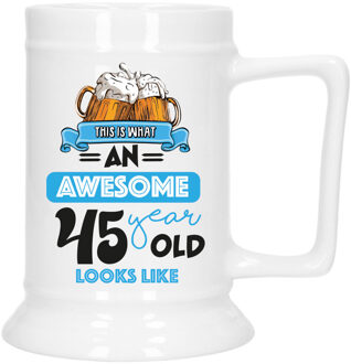 Bellatio Decorations Cadeau Bierpul voor 45 jaar - blauw - grappige leeftijd bierpul - keramiek - 530 ml