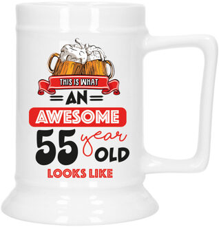 Bellatio Decorations Cadeau Bierpul voor 55 jaar - rood - grappige leeftijd bierpul - keramiek - 530 ml