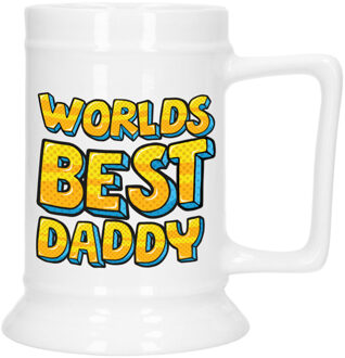 Bellatio Decorations Cadeau Bierpul voor papa - geel - beste pap - keramiek - 530 ml - Vaderdag
