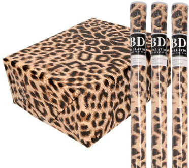 Bellatio Decorations Cadeau Inpakpapier in originele pantervel print - 3x - bruin - 200 x 70 cm - 70 grams - inpakken