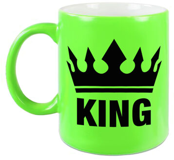 Bellatio Decorations Cadeau King mok/ beker fluor neon groen met zwarte bedrukking 300 ml - feest mokken