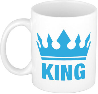 Bellatio Decorations Cadeau King mok/ beker wit met blauwe bedrukking 300 ml - feest mokken