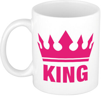 Bellatio Decorations Cadeau King mok/ beker wit met fuchsia roze bedrukking 300 ml - feest mokken