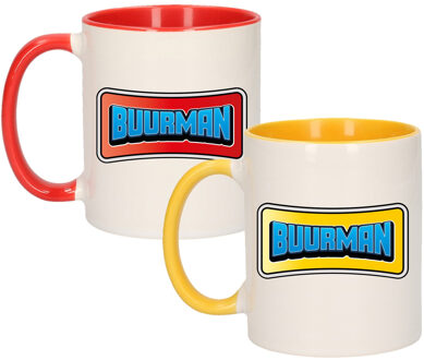 Bellatio Decorations Cadeau koffie mokken set buurman en buurman - geel en rood - 300 ml