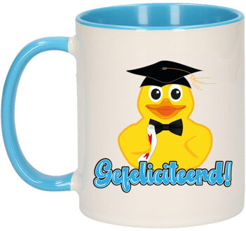 Bellatio Decorations Cadeau koffie/thee mok - blauw - geslaagd - bad eend - gefeliciteerd - 300 ml - keramiek