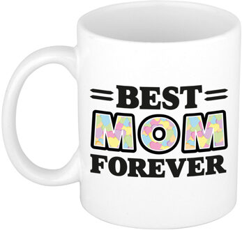 Bellatio Decorations Cadeau koffie/thee mok - de beste mama voor altijd - hartjes - pastel - 300 ml - keramiek Multi pasel