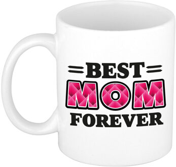 Bellatio Decorations Cadeau koffie/thee mok - de beste mama voor altijd - vierkantjes - fuchsia - 300 ml - keramiek