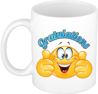Bellatio Decorations Cadeau koffie/thee mok - duim omhoog smiley - gratulations - blauw - 300 ml - keramiek