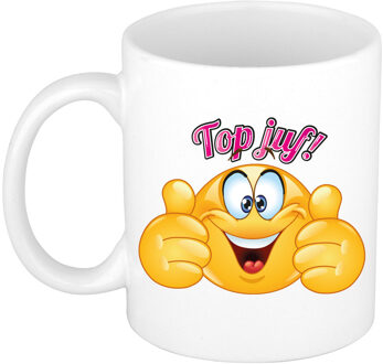 Bellatio Decorations Cadeau koffie/thee mok - duim omhoog smiley - top juf - roze - 300 ml - keramiek