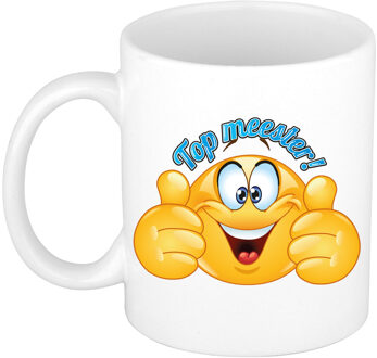 Bellatio Decorations Cadeau koffie/thee mok - duim omhoog smiley - top meester - blauw - 300 ml - keramiek