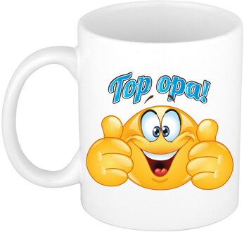 Bellatio Decorations Cadeau koffie/thee mok - duim omhoog smiley - top opa - blauw - 300 ml - keramiek