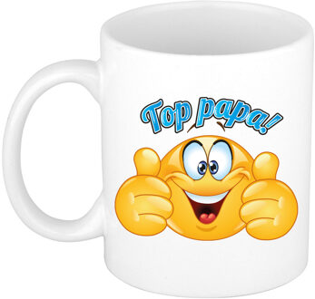 Bellatio Decorations Cadeau koffie/thee mok - duim omhoog smiley - top papa - blauw - 300 ml - keramiek - Vaderdag