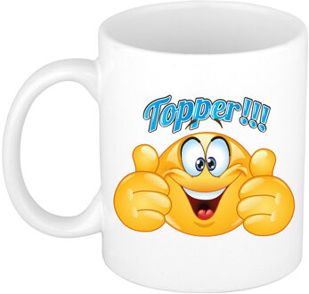 Bellatio Decorations Cadeau koffie/thee mok - duim omhoog smiley - topper - blauw - 300 ml - keramiek