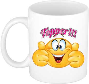 Bellatio Decorations Cadeau koffie/thee mok - duim omhoog smiley - topper - roze - 300 ml - keramiek