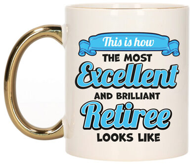 Bellatio Decorations Cadeau koffie/thee mok - excellent gepensioneerde - goud/blauw - keramiek - 300 ml Goudkleurig