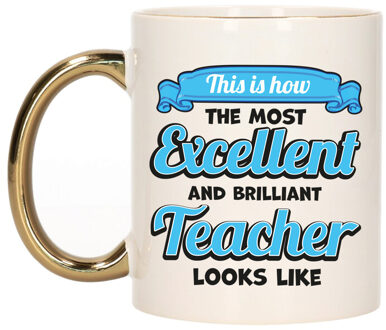 Bellatio Decorations Cadeau koffie/thee mok - excellent leraar/mentor - goud/blauw - keramiek - 300 ml Goudkleurig