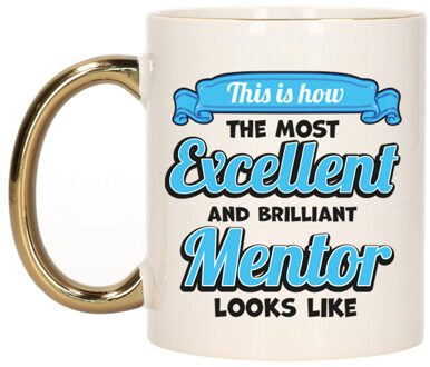 Bellatio Decorations Cadeau koffie/thee mok - excellent leraar/mentor - goud/blauw - keramiek - 300 ml Goudkleurig