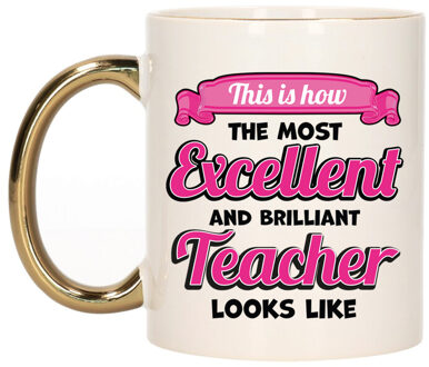 Bellatio Decorations Cadeau koffie/thee mok - excellent leraar/mentor - goud/roze - keramiek - 300 ml Goudkleurig