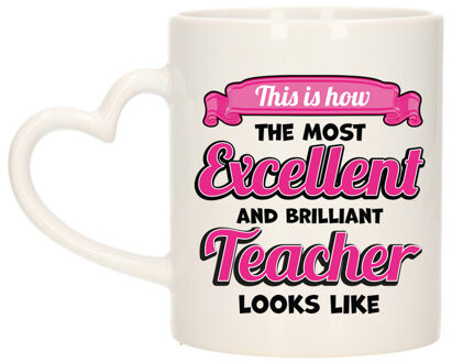 Bellatio Decorations Cadeau koffie/thee mok - excellent leraar/mentor - roze - keramiek - 300 ml