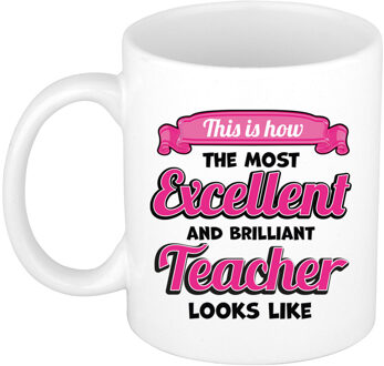 Bellatio Decorations Cadeau koffie/thee mok - excellent leraar/mentor - wit - keramiek - 300 ml