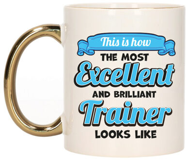 Bellatio Decorations Cadeau koffie/thee mok - excellent trainer/coach - goud/blauw - keramiek - 300 ml Goudkleurig