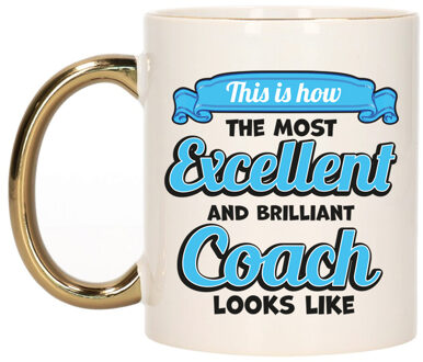 Bellatio Decorations Cadeau koffie/thee mok - excellent trainer/coach - goud/blauw - keramiek - 300 ml