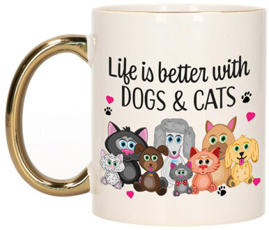 Bellatio Decorations Cadeau koffie/thee mok - life is better with cats and dogs - gouden oor Goudkleurig