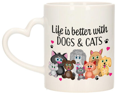 Bellatio Decorations Cadeau koffie/thee mok - life is better with cats and dogs - hartjes oor - huisdieren Multi