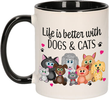 Bellatio Decorations Cadeau koffie/thee mok - life is better with cats and dogs - zwart oor - huisdieren