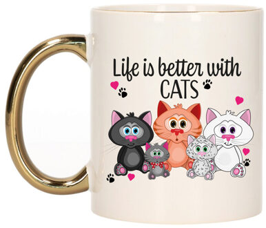 Bellatio Decorations Cadeau koffie/thee mok - life is better with cats - gouden oor - poesen