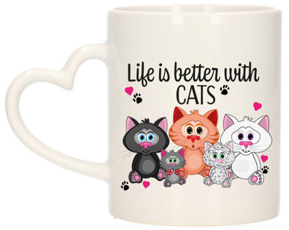 Bellatio Decorations Cadeau koffie/thee mok - life is better with cats - hartjes oor - poesen Multi