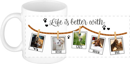 Bellatio Decorations Cadeau koffie/thee mok - life is better with cats - wit - 300 ml - keramiek - kat/poes