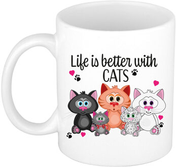Bellatio Decorations Cadeau koffie/thee mok - life is better with cats - wit - 300 ml - keramiek - katten