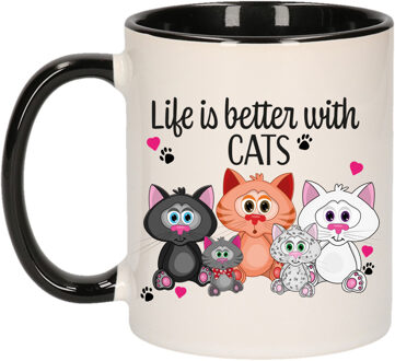 Bellatio Decorations Cadeau koffie/thee mok - life is better with cats - zwart oor - katten