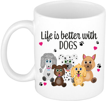 Bellatio Decorations Cadeau koffie/thee mok - life is better with dogs - wit - 300 ml - keramiek - honden