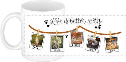Bellatio Decorations Cadeau koffie/thee mok - life is better with dogs - wit - 300 ml - keramiek - honden