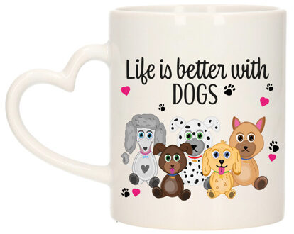 Bellatio Decorations Cadeau koffie/thee mok - life is better with dogs - wit - hartjes oor - honden Multi