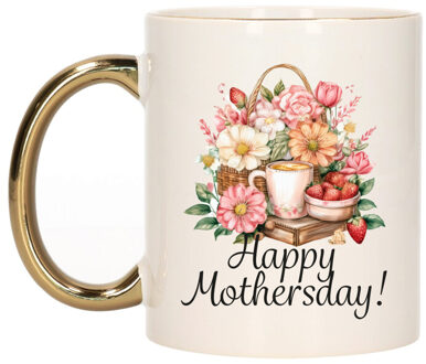 Bellatio Decorations Cadeau koffie/thee mok mama - gouden oor - fijne Moederdag - bloemen - 300 ml - Moederdag